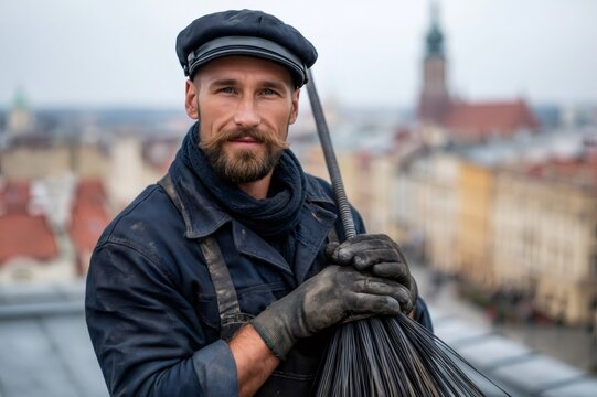 Chimney sweep worker on rooftop looking at camera