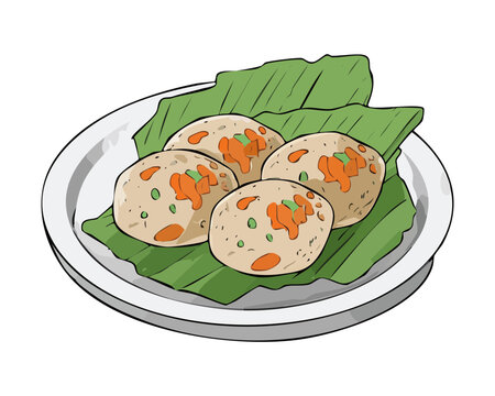 Steamed fish cakes or somay served with thick peanut sauce on green banana leaf Vector Illustration