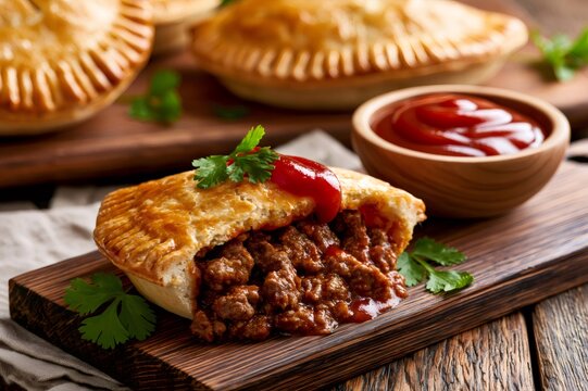 Aussie meat pie with savory beef filling and ketchup