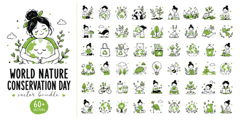 World Nature Conservation Day vector bundle, 60+ eco friendly icons and illustrations, hand drawn green environment and sustainability doodles © ya Allah madad