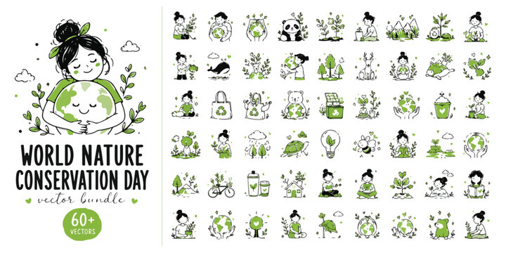 World Nature Conservation Day vector bundle, 60+ eco friendly icons and illustrations, hand drawn green environment and sustainability doodles