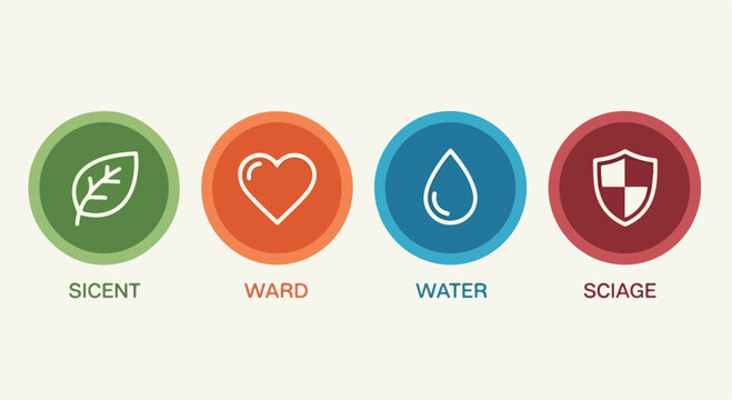 Minimalist line icons for Sicent, Ward, Water, and Sciage. Modern circular symbols with leaf, heart, water drop, and shield graphics. Colorful vector set for branding.