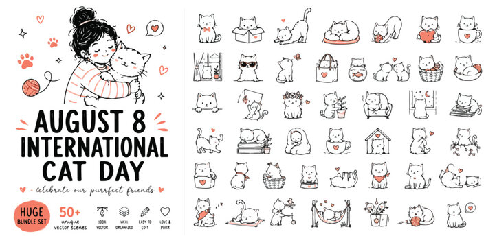 International Cat Day bundle with 50 cute hand drawn cat icons, August 8 holiday kitten illustrations, doodle feline character set in vector format