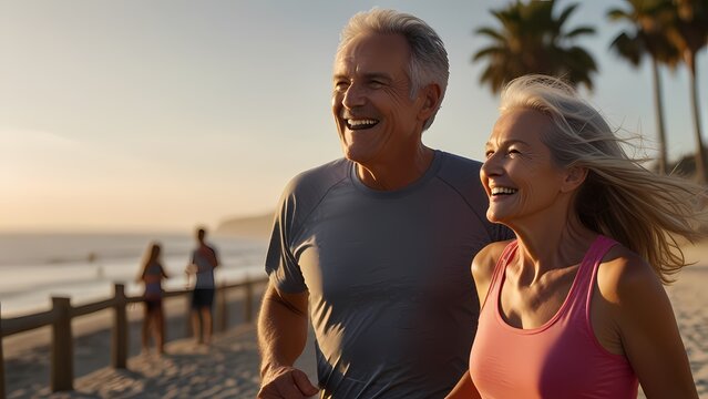 Pareja de adultos mayores corriendo felices por la playa al atardecer