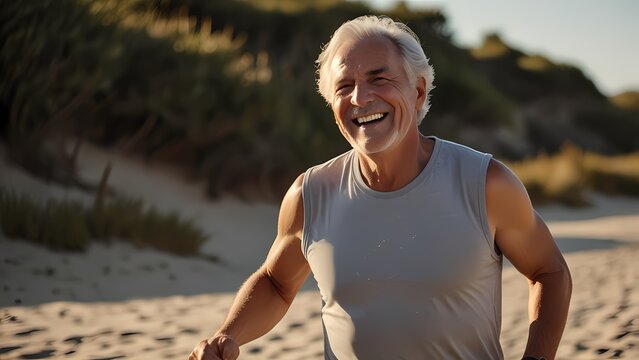 Pareja de adultos mayores corriendo felices por la playa al atardecer