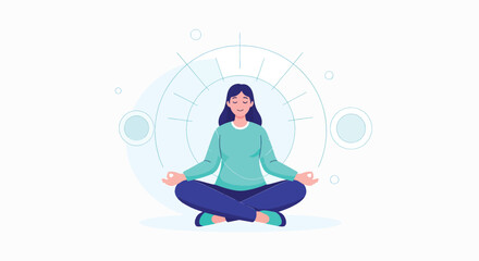 Obraz premium Illustration of a woman meditating in a lotus position with a calm and peaceful mood against a white background.