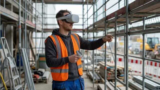 Close medium shot of a VR user on a construction site simulation identifying potential dangers with scaffolding and tools softly blurred out.