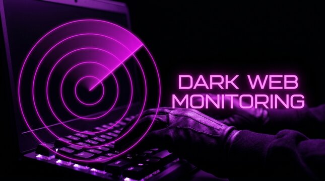 Dark web monitoring concept with laptop and radar graphic in purple neon.