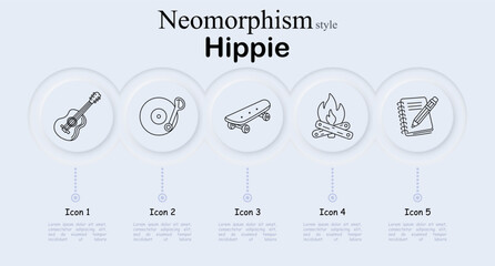 Hippie lifestyle concept icon set in neumorphism style. Line icons showing acoustic guitar music, vinyl record player, skateboard street culture, campfire gathering © Anastasia