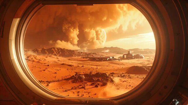 View from Mars spacecraft window of a distant planet and outpost settlement in red desert landscape