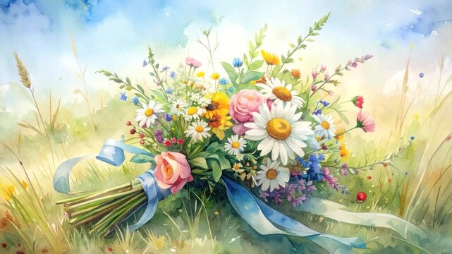 Watercolor bouquet of wildflowers and roses tied with blue ribbon in grassy field under sky