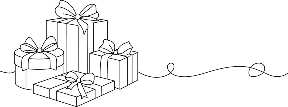 Minimalist continuous one-line drawing of a stack of wrapped gift boxes tied with ribbon bows.