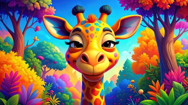 Whimsical cartoon giraffe character with vibrant spotted pattern in a colorful fantastical forest setting