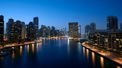 Fototapeta premium A stunning nighttime view of a modern city skyline reflected on calm water