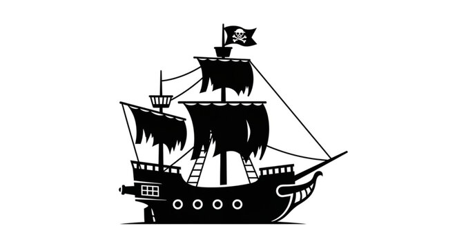 Black Silhouette of a Pirate Ship with Tattered Sails and Jolly Roger Flag.
