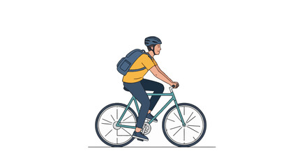 Fototapeta premium Vector illustration of a man wearing a blue helmet and yellow t-shirt riding a blue bicycle with a backpack, commuting to work or exercising against a white background.
