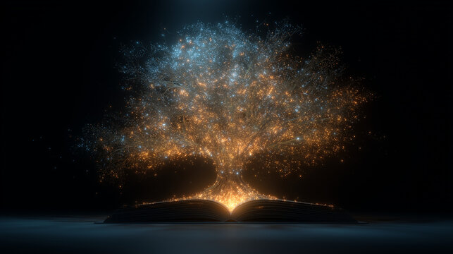 Glowing knowledge tree emerging from magical open book in dark background.