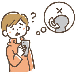 支払い後に相手先と連絡が取れなくなり不安になっている人のイラスト。 © Tabata Art Studio