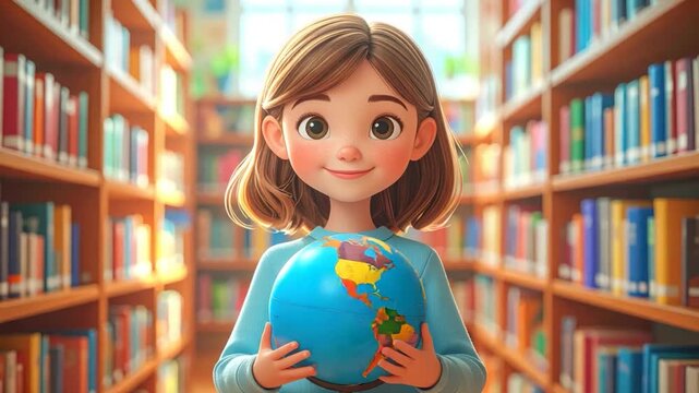 Young girl in library holding globe with eyes closed in peaceful educational moment