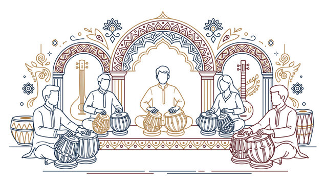 Elegant Indian classical musicians playing tabla under decorative archway outline illustration vector