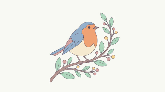 European Robin Perched on Branch Vector Illustration