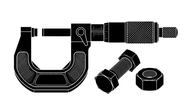 Black Silhouette Micrometer, Bolt, and Nut Vector Illustration
