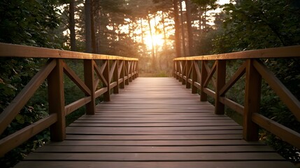 Fototapeta premium A rustic wooden bridge spans a dense forest bathed in warm golden sunset light