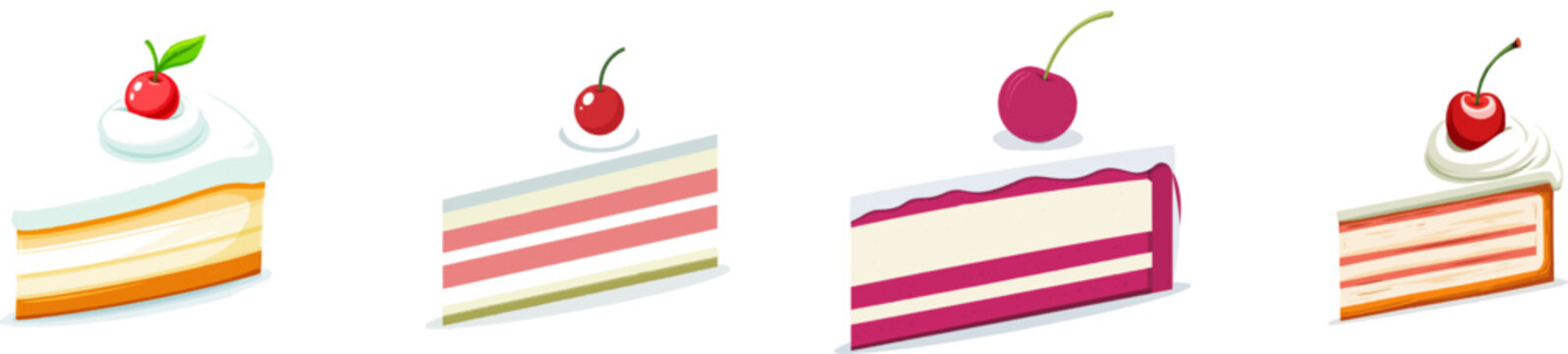 A triangular slice of cake with a single cherry on top rests atop a pink and cream cardboard base against a white background