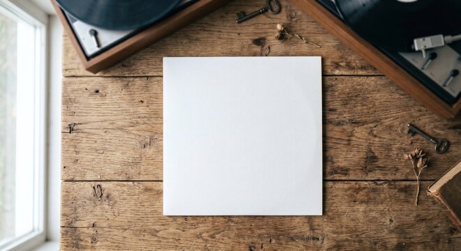 Blank white vinyl record sleeve mockup flat lay on wooden table