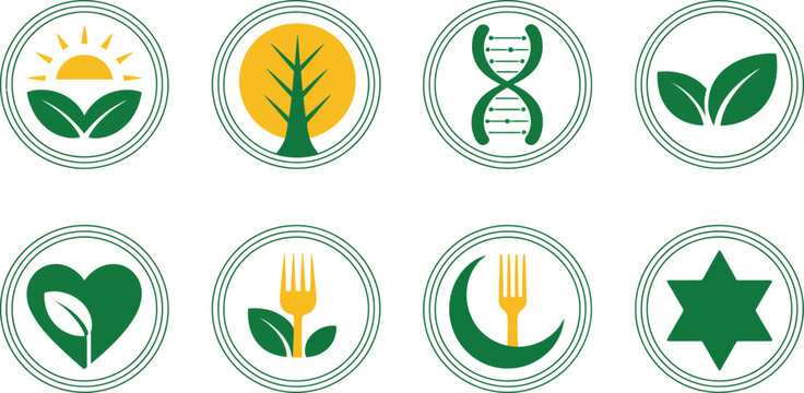 Collection of eight circular food certification labels for organic, natural, and dietary lifestyles