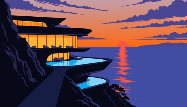 Very beautiful futuristic cliffside villa with infinity pools, glowing panoramic windows, and dramatic ocean sunset atmosphere in luxurious cinematic vector illustration style.