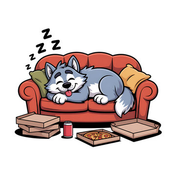 Cute Cartoon Wolf Sleeping on a Couch with Pizza Boxes, Lazy Vector Illustration on Black Background