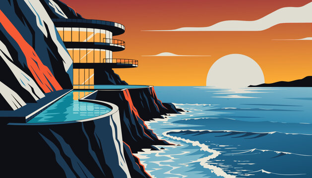 Very beautiful futuristic cliffside villa with infinity pools, glowing panoramic windows, and dramatic ocean sunset atmosphere in luxurious cinematic vector illustration style.