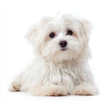 Small Fluffy White Maltese Dog Poses Calmly Indoors with Soft Lighting