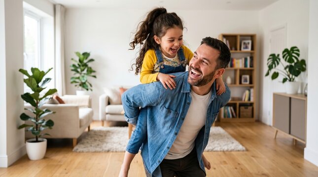 Father carrying his daughter on his shoulders in a modern living room with one person two people wood floor home life