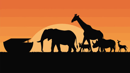 Silhouette illustration of African wildlife animals walking during a beautiful sunset scene © Arafat