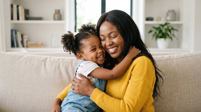 Mother and daughter embracing affectionately on sofa with living room afro american daughter happiness affection