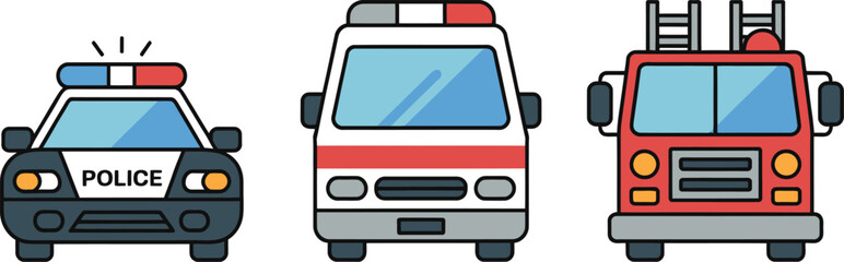 Set of cartoon emergency vehicle icons including police car, ambulance, and fire truck design. © Arafat