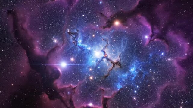 A vibrant nebula glows with bright stars in deep outer space