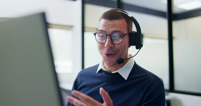Call center, telecom and man for communication, sales or talk of premium benefits on computer. Business agent, headset and discussion in office for customer review, feedback or insurance offer