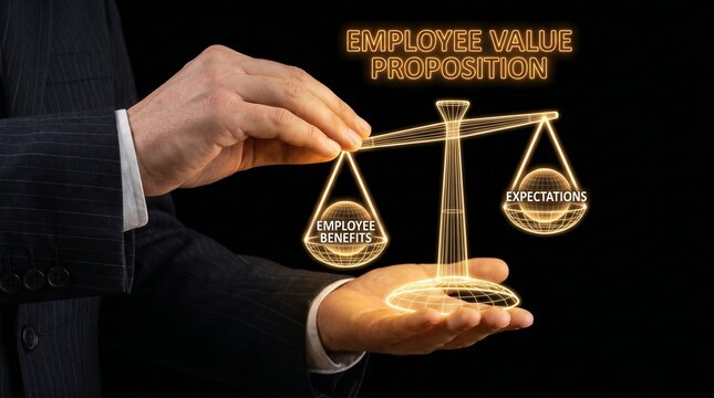 Employee Value Proposition Concept with Scales Balancing Benefits and Expectations.