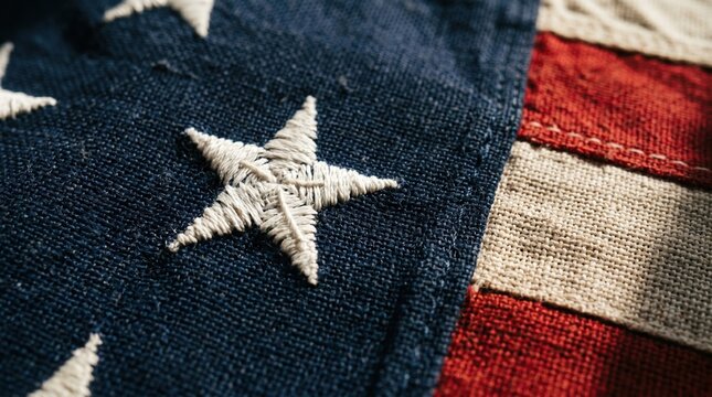 Close up textile crafting showcases hand sewn star emblem on vintage inspired fabric with rich blue red and white stripes under soft natural lighting
