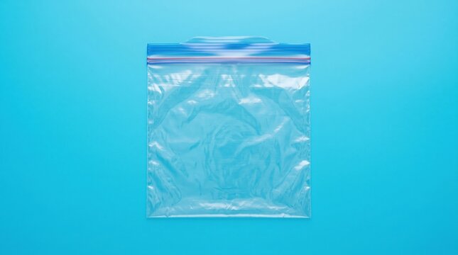 Empty clear plastic zipper bag on a blue background with food bag catch all single object flat lay container