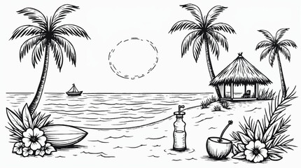 Obraz premium Palm Tree Tropical Beach Landscape with Ocean Bottle and Island Hut Line Art Illustration.