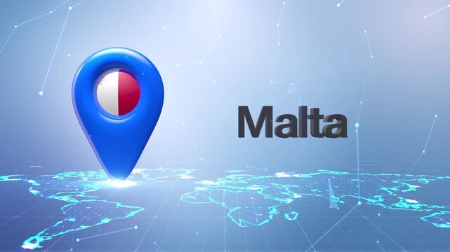 Malta Flag Inside Location Pin On Digital World Map Animation