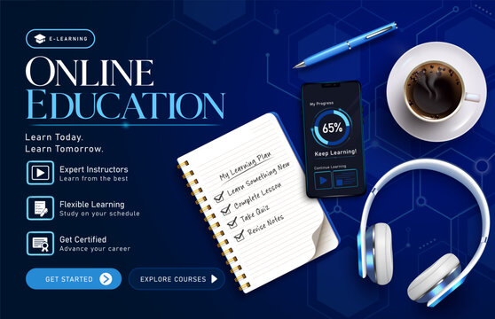 E Learning online education clipart background design. Online education digital courses clip art with mobile phone, headphone, coffee and pen in dark technology background modern design for distance 