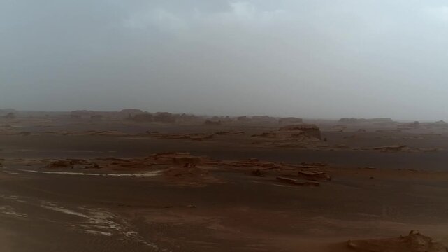 Wide view of yardang field in desert under clear sky with wind erosion creating vast natural landscape vista ideal for geology and nature stock video content.