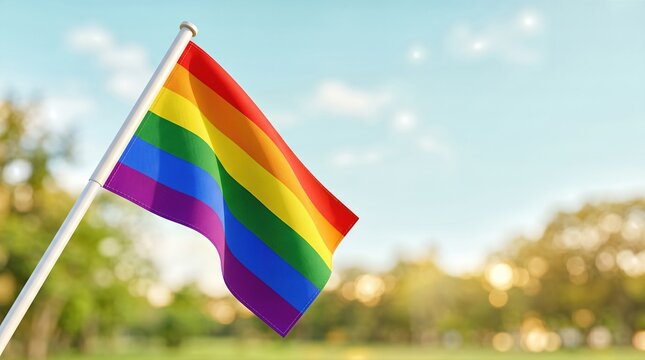 Rainbow flag waving in the breeze against a blurred background of trees and a clear sky, symbolizing LGBTQ pride and inclusivity in a vibrant outdoor setting
