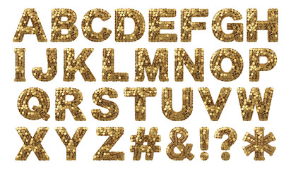 Fototapeta premium Gold Coin Alphabet Letters and Symbols Set Collection