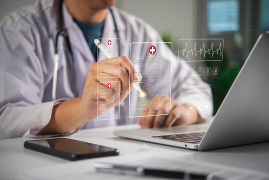 Doctor using stylus pen with digital electronic health record and medical checklist hologram